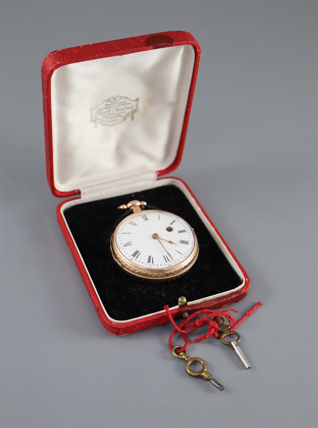 A 19th century engine turned 18ct gold open face keywind pocket watch, by Litherland Whiteside, Liverpool,